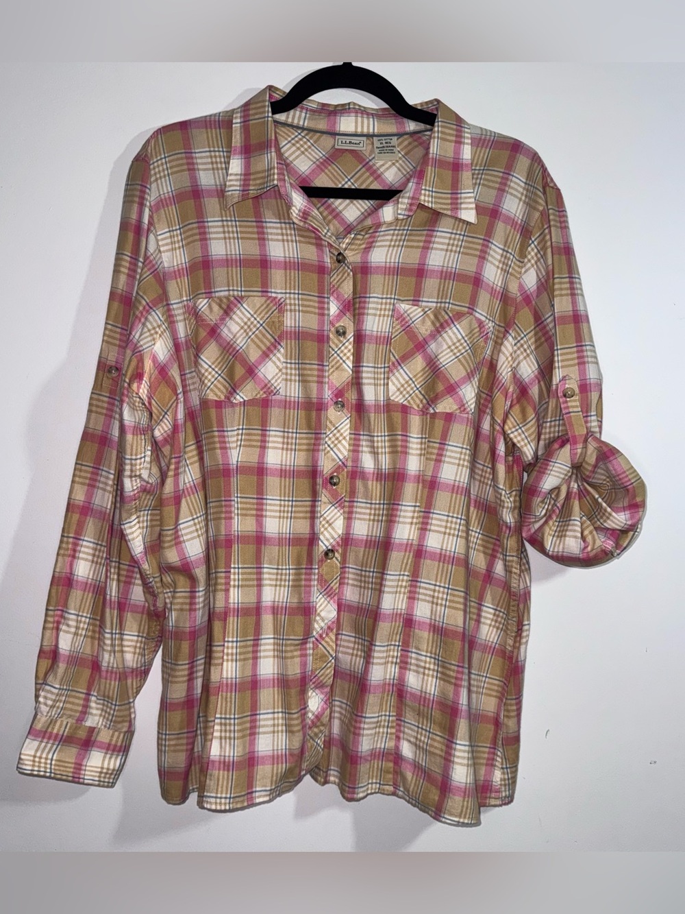 LL Bean Womens XL Pink Tan Plaid Button Front Shirt Cotton Roll Tab Sleeve